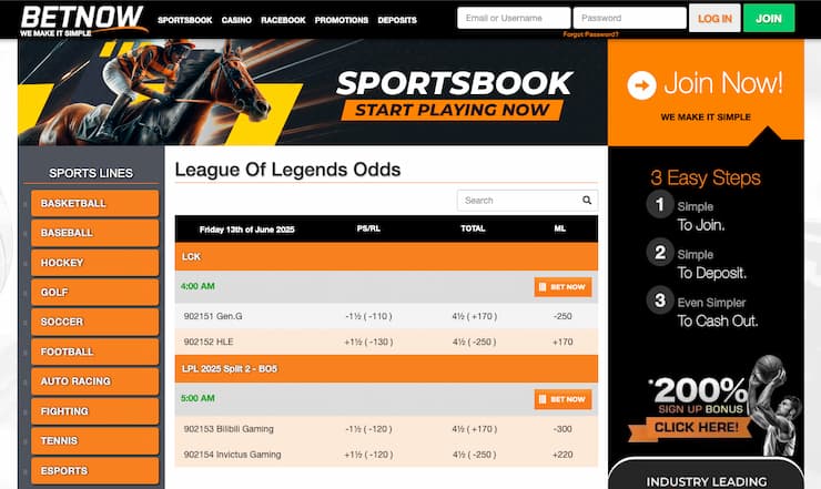 A snapshot of BetNow, one of our top rated LoL gambling websites.